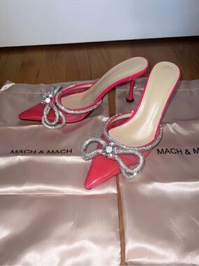 Mach & Mach Hot Pink Double Bow Vinyl & Leather Mule Heel - Size 37.5, 85mm Heel